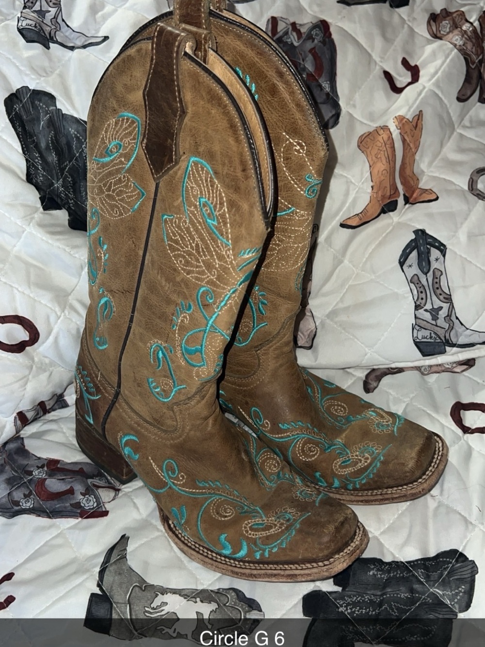 Brown Western Embroidered Cowgirl Boots with Teal Accents - Picture 3 of 3